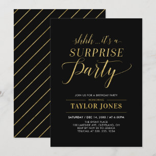 Schwarz und Gold   Modern Surprise Birthday Party Einladung