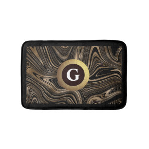 Schwarz und Gold Moderne Abstrakte Wirbel Monogram Badematte