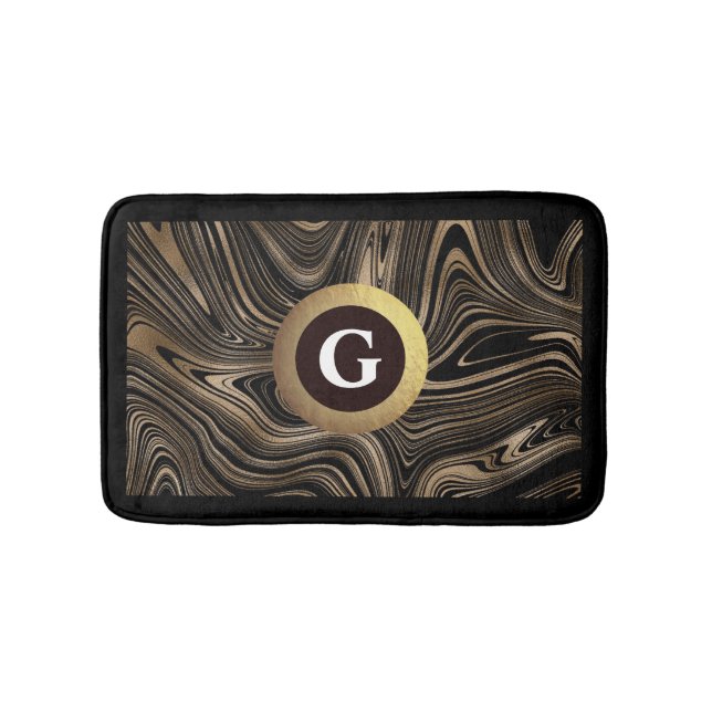 Schwarz und Gold Moderne Abstrakte Wirbel Monogram Badematte (Vorderseite)