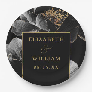 Schwarz und Gold Moderne Blumen Elegante schicke H Pappteller