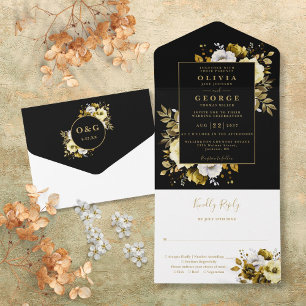 Schwarz und Gold Moderne Botanische Blumenhochzeit All In One Einladung