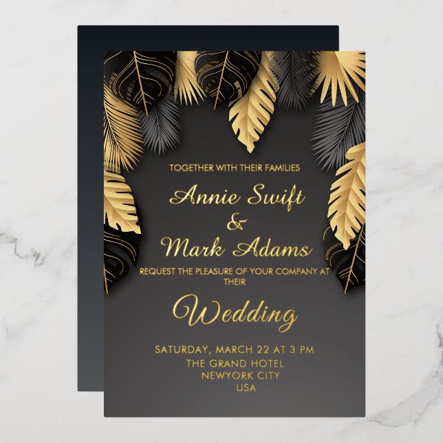 Schwarz und Gold Moderne Elegante Trendy Wedding Folieneinladung (Vorderseite/Rückseite)