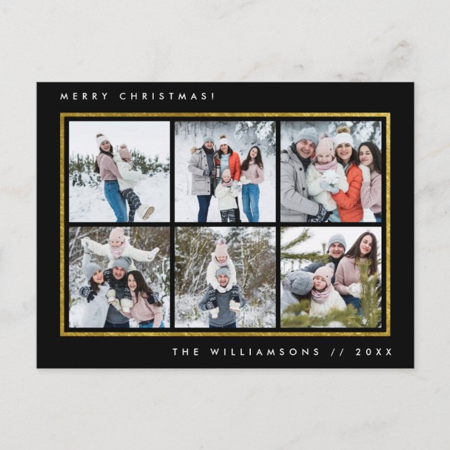 Schwarz und Gold | Moderne frohe Weihnachten 6 Fot Postkarte (Vorderseite)
