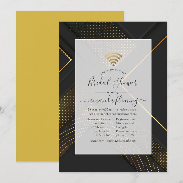 Schwarz und Gold Moderne geometrische virtuelle Du Einladung (Vorne/Hinten)