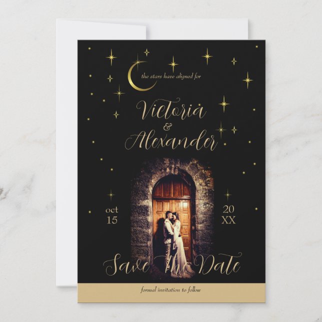 Schwarz und Gold Moderne Minimal Celestial 2 Save The Date (Vorderseite)