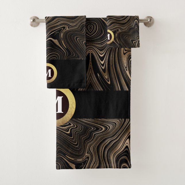 Schwarz und Gold Moderner Abstrakter Swirl Mit Mon Badhandtuch Set (Insitu)