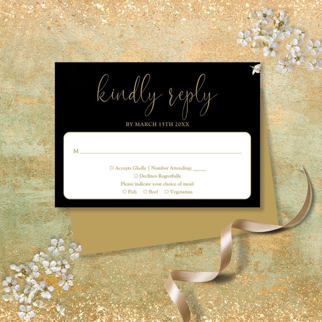 Schwarz und Gold Moderner Chic Elegante Script Hoc RSVP Karte (Black And Gold Modern Chic Elegant Script Wedding RSVP Card)