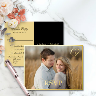 Schwarz und Gold Modernes Foto Hochzeit RSVP Folie Einladungspostkarte
