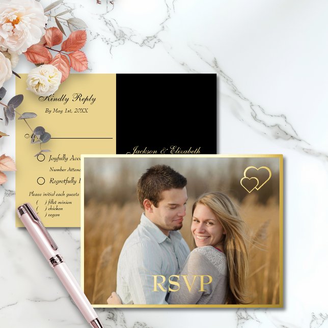 Schwarz und Gold Modernes Foto Hochzeit RSVP Folie Einladungspostkarte (Von Creator hochgeladen)