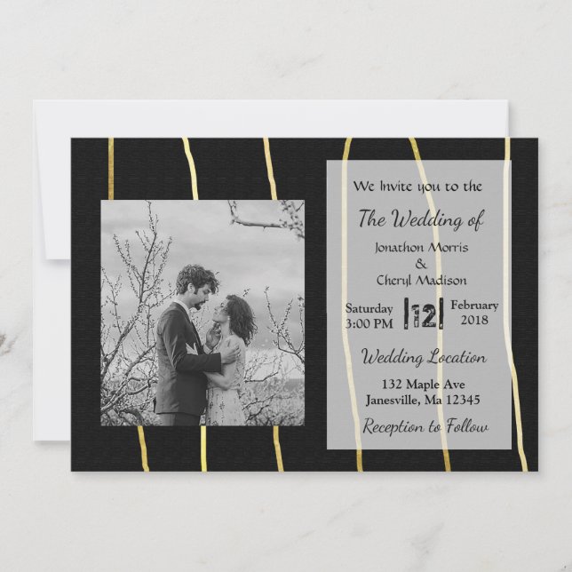 Schwarz und Gold Modernes Foto Hochzeitseinladunge Einladung (Vorderseite)