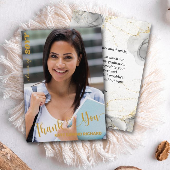 Schwarz und Gold Modernes Foto Script Graduate Dankeskarte (Von Creator hochgeladen)