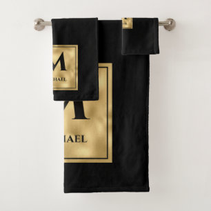 Schwarz und Gold Monogram Elegant Luxury Badhandtuch Set