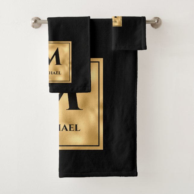 Schwarz und Gold Monogram Elegant Luxury Badhandtuch Set (Insitu)