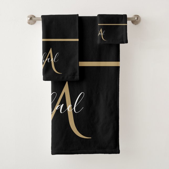 Schwarz und Gold Monogram Elegant Luxury Badhandtuch Set (Insitu)