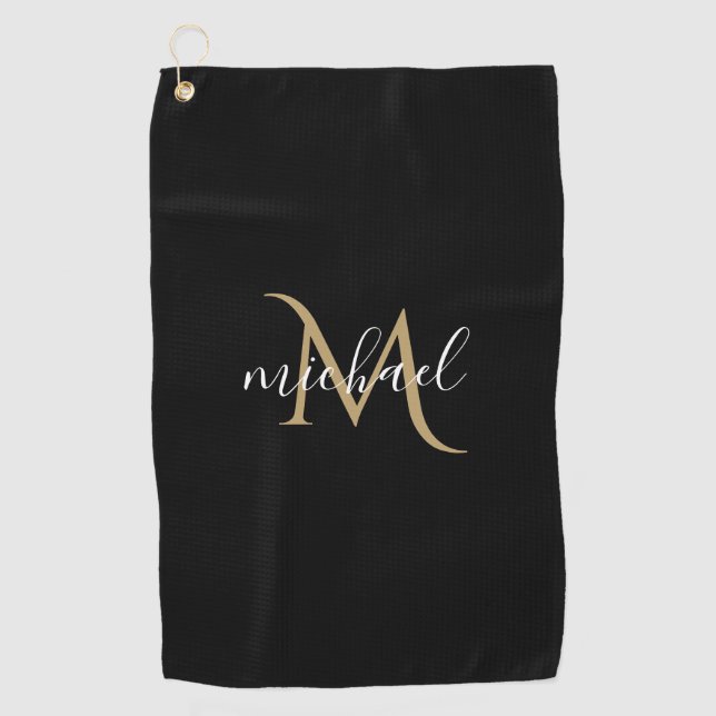 Schwarz und Gold Monogram Elegant Luxury Golfhandtuch (Vorderseite)