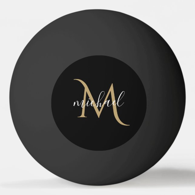 Schwarz und Gold Monogram Elegant Luxury Tischtennisball (Vorderseite)