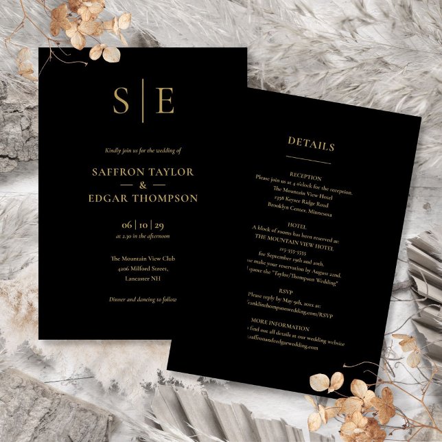 Schwarz und Gold Monogramm in einer Hochzeit Einladung (Black And Gold Monogram All In One Wedding Invitation)