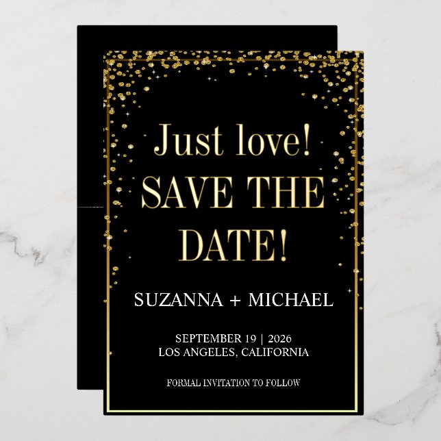 Schwarz und Gold, nur Liebe, Save the Date Folieneinladung (Vorderseite/Rückseite)