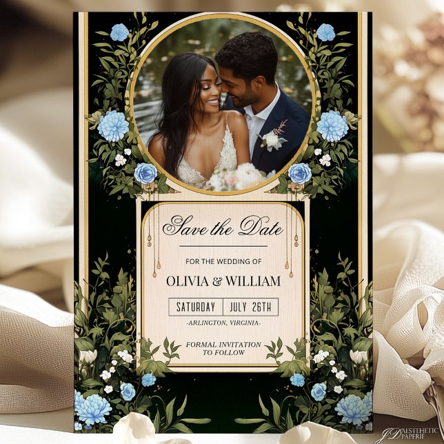 Schwarz und Gold Save the Date mit Blue Florals In Einladung (Von Creator hochgeladen)