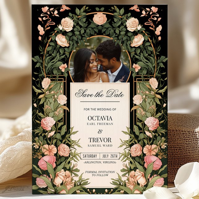 Schwarz und Gold Save the Date mit Rosa Florals Einladung (Von Creator hochgeladen)