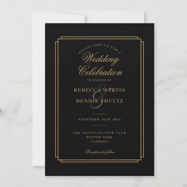 Schwarz und Gold Script Art Deco Hochzeit Einladung (Vorderseite)