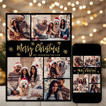 Schwarz und Gold Snowflake 5 FotoCollage Weihnacht Feiertagskarte<br><div class="desc">Modernes, elegantes Script Black und Gold Snowflake 5 Foto Collage Frohe Weihnachts Script Holiday Card. Dieses festliche, minimalistische, skurrile 5 (5) Foto Feiertagskarte Template verfügt über eine hübsche Gitter Foto Collage, etwas Schneeflocke und sagt "Frohe Weihnachten"! Der "Frohe Weihnachten"-Grußtext ist in einem schönen handgeschriebenen Calligrafy-Schriftart in Gold auf schwarzem Hintergrund...</div>