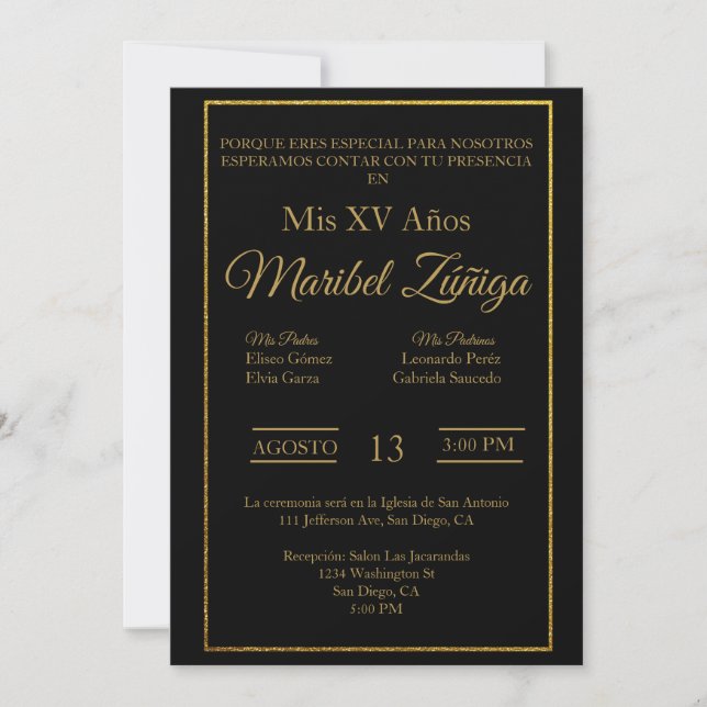 Schwarz und Gold Thema Quinceanera Einladung (Vorderseite)