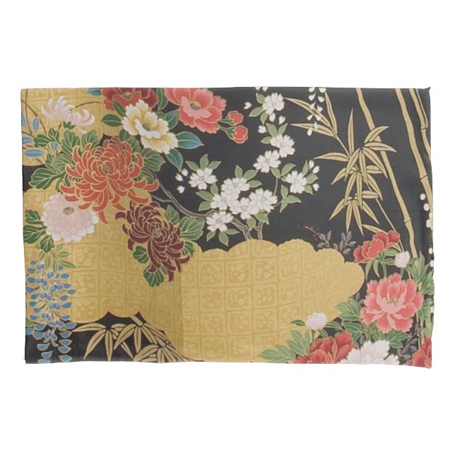 Schwarz und Gold Traditionelle japanische Kimono F Kissenbezug (Vorderseite)