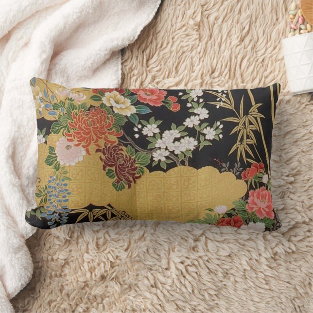 Schwarz und Gold Traditionelle japanische Kimono F Lendenkissen (Decke)