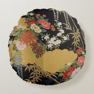Schwarz und Gold Traditionelle japanische Kimono F Rundes Kissen