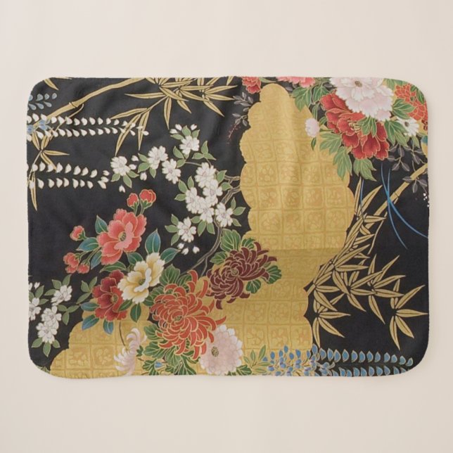 Schwarz und Gold Traditionelle japanische Kimono F Sherpadecke (Vorderseite (Horizontal))