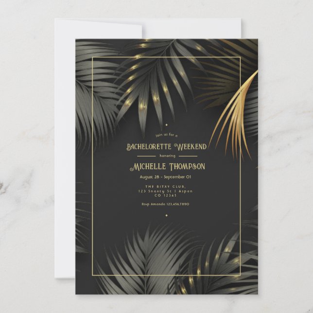 Schwarz und Gold Tropical Bachelorette Wochenende Einladung (Vorderseite)