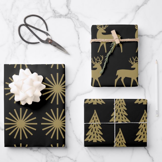 Schwarz und Gold - Urlaubsmuster Geschenkpapier Set (Vorderseite)