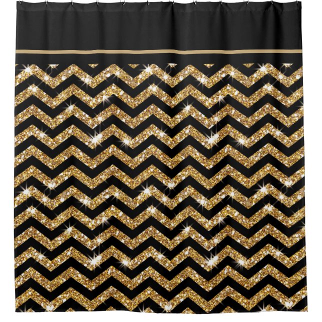 Schwarz und Gold Zickzack mit Black Trim Duschvorhang (Vorderseite)