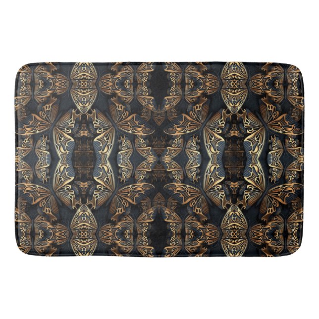 Schwarz und Golden Butterfly Nahtloses Pattren Badematte (Vorderseite)