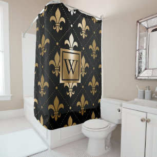 Schwarz und Golden Fleur-de-lis Duschvorhang