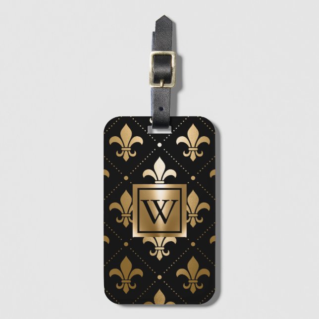 Schwarz und Golden Fleur-de-lis Gepäckanhänger (Vorderseite Vertikal)