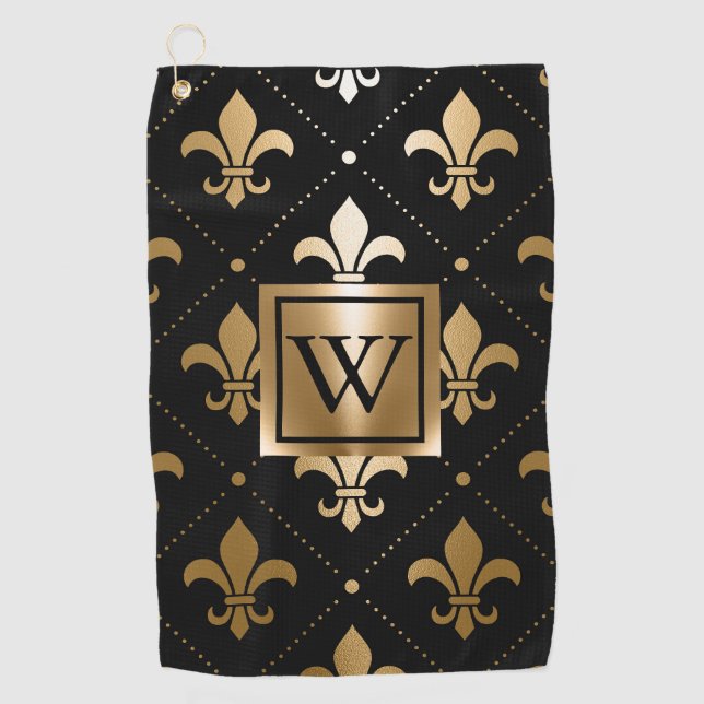 Schwarz und Golden Fleur-de-lis Golfhandtuch (Vorderseite)