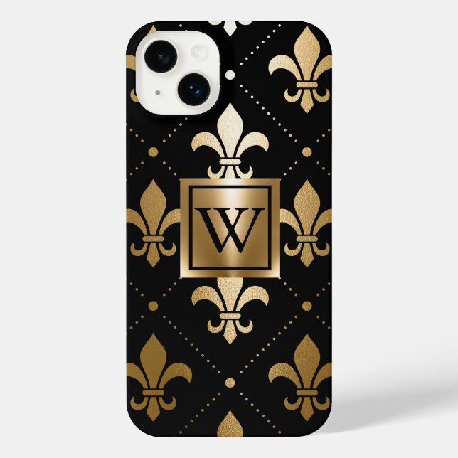 Schwarz und Golden Fleur-de-lis iPhone 14 Plus Hülle (Rückseite)