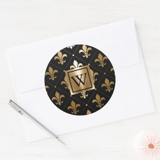 Schwarz und Golden Fleur-de-lis Runder Aufkleber (Umschlag)
