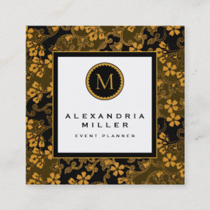 Schwarz- und Goldfloral-Tapeten Monogramm-Medalli Quadratische Visitenkarte