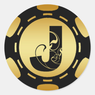 SCHWARZ- UND GOLDMONOGRAMM SCHREIBEN J POKER CHIP RUNDER AUFKLEBER