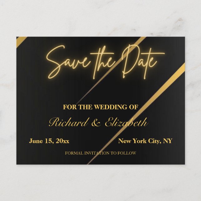 Schwarz- und Goldstreifen Save the Date Postkarte (Vorderseite)