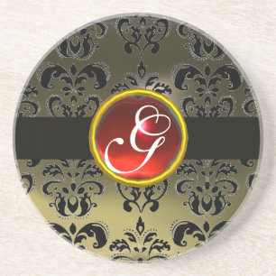 Schwarz und Grau Damast  Rote Rubine Monogramm Sandstein Untersetzer