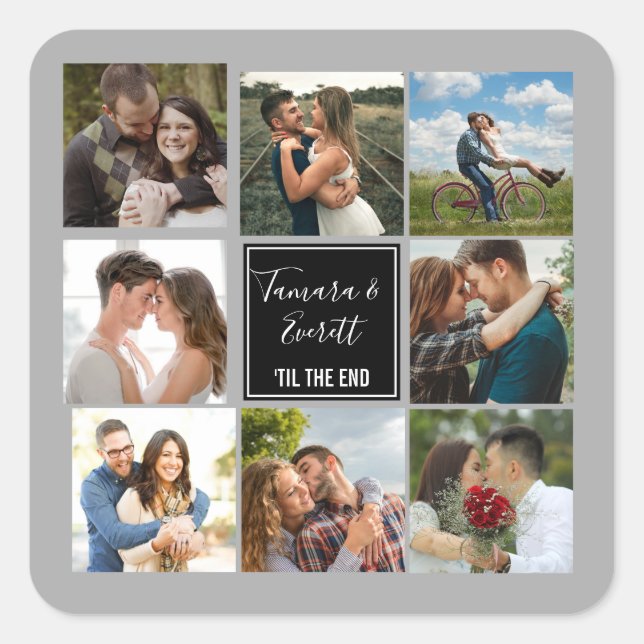 Schwarz und Grau der Hochzeitsskala für Foto Quadratischer Aufkleber (Vorderseite)