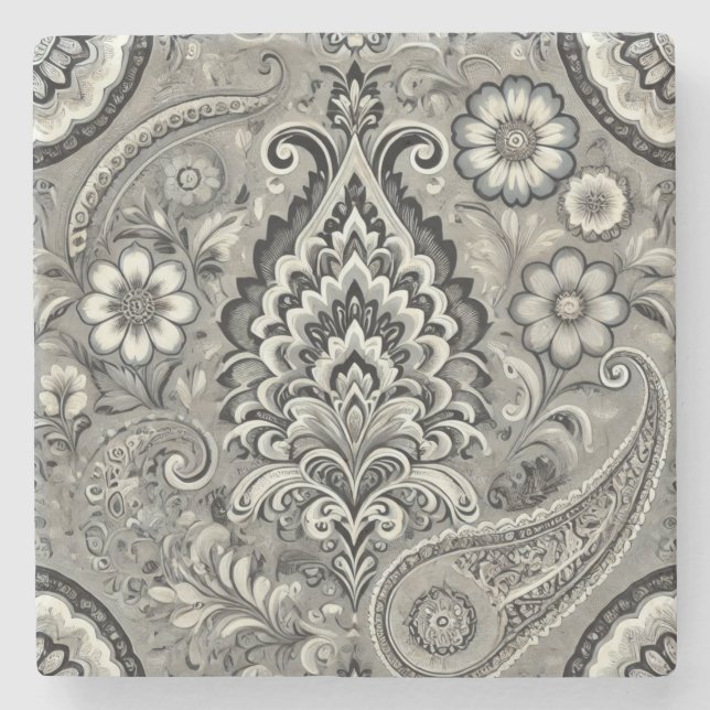 Schwarz und Grau Floral Paisley Elegance Steinuntersetzer (Vorderseite)