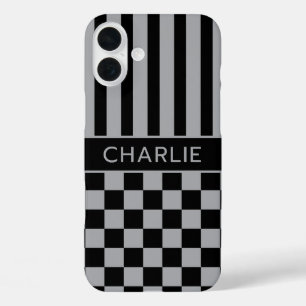 Schwarz und Grau Kariert Gestreift Personalisiert iPhone 16 Plus Hülle