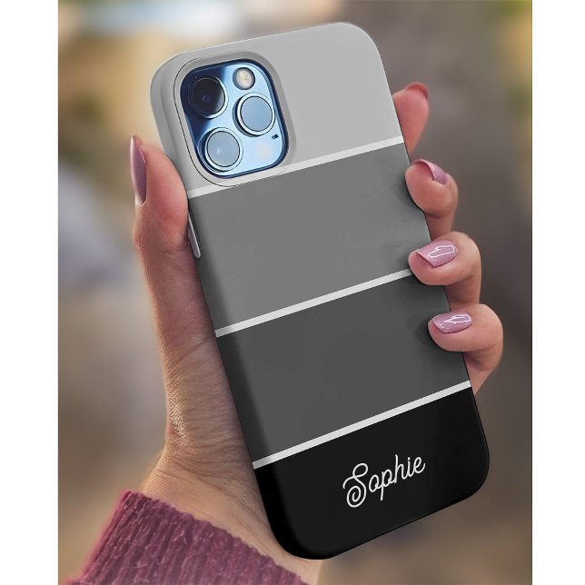 Schwarz und Grau | Ombre Stripes with Script Case-Mate iPhone Hülle (A trendy striped neutral black and gray phone case with your name in script)