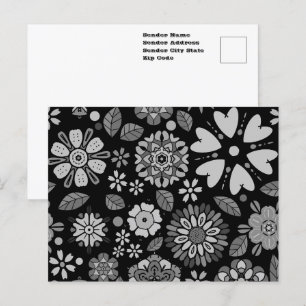 Schwarz und Grau Retro florale Kunst Nahtloses Mus Postkarte