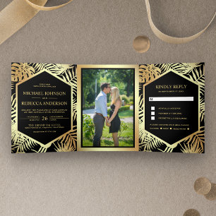 Schwarz und Imitat Goldene Foil Tropical Palm Wedd Dreifach Gefaltete Einladung
